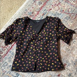 Madewell Floral Black Silk Top,rust, pink, and Yellow, button front, tie sleeves